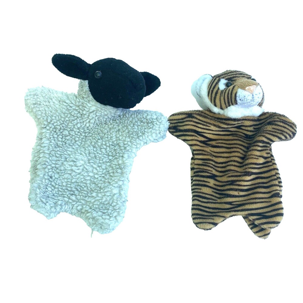 Vintage Lot 0f 2 Finger Toy Puppet Plush Tiger Lamb 8" Tall Play Doll